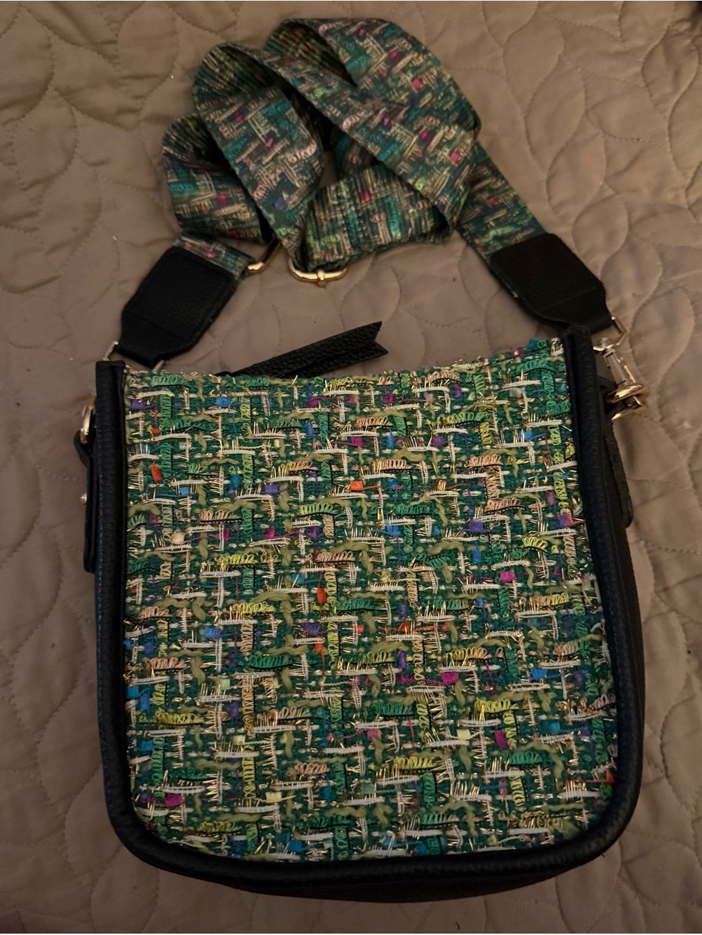 Green Textured Mini Crossbody Bag with Patterned Strap